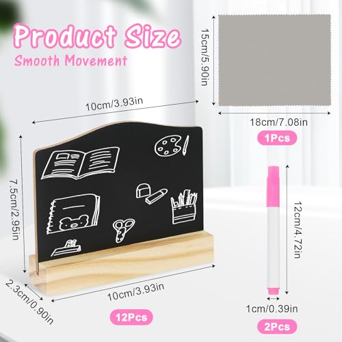 12 Stück Klein Kreidetafel, Mini Tafel Set mit Holzbasen, Stifte, Tuch, Kleine Tafeln zum Beschriften für Buffet Schilder, Doppelseitige Buffet Schilder Preisschilder für Hochzeit, Geburtstag