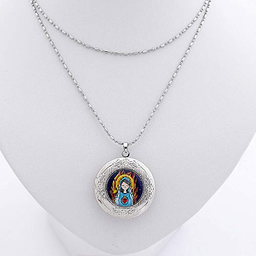 Colar Relicário Sagrado Coração de Maria para Fotos Prateado