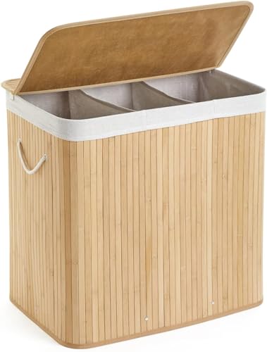 Panier à Linge 150L en Bambou - ENTREPRISE FRANÇAISE - Corbeille à Linge avec 3 Compartiments de Tri - Pliable, Sac Amovible Lavable - Idéal Buanderie et...