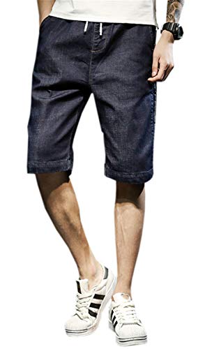 MIOUBEILA Men's Denim Shorts, Letter Print Distressed Ripped Stretchy Jeans Denim Short for Men, Navy, 44