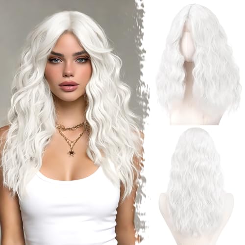 BARSDAR Ondulée Blanc Perruque, Moyen Longueur Ondulée Blanc Perruques pour Femmes 50cm Bouclée Perruque avec Face-Framing Curtain Bangs D'aspect Naturelle...