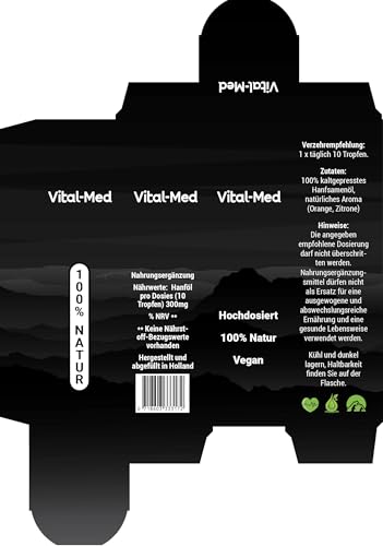 Vital-Med hochdosiertes Hanföl mit 30ML (750 Tropfen) und 25mg pro Tropfen - Premium Vital Hanfsamenöl - 100% Natur - Hanftropfen mit Omega 3-6-9 (Natur)
