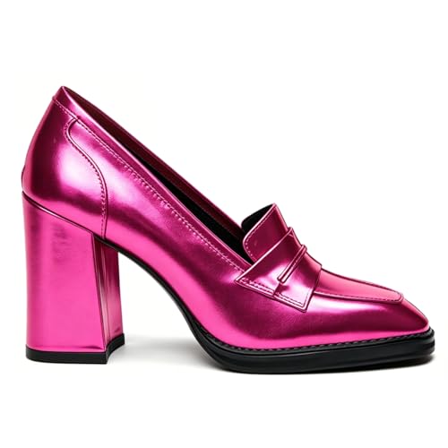 Image of FOWT Dressy High Block Heels Loafers for Women Classical Square Toe Pumps Comfortable Slip On Walking Shoes School Uniform Goth Oxfords US Size 4-16 M