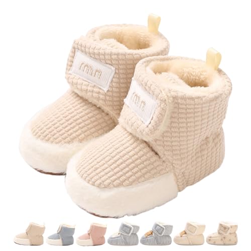 Baby Boys Girls Winter Warm Fleece Booties Snow Boots Newborn Non-Slip Soft Sole Sock Shoes Slippers Toddler Cotton Thermal Adjustable Crawling Barefoot Walker Shoes Waffle Khaki 0-6 Months