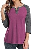 Renaka Womens Tops Raglan 3/4 Sleeve Shirts for Women Button Down Crewneck Tunic（Purple S）
