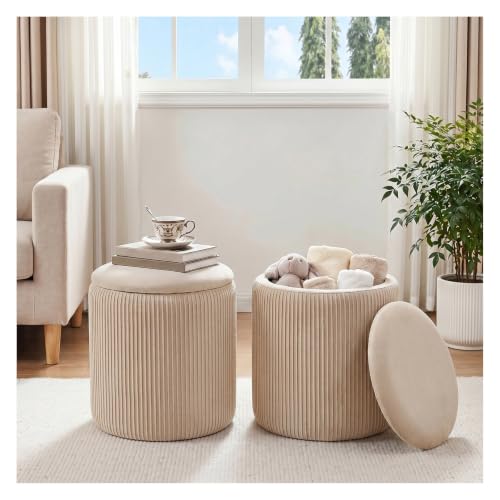 Image of INMOZATA Round Storage Ottoman, Velvet Storage Stool Upholstered Vanity Stool with Removable Lid, 37.5x39.5cm Foot Rest Stool for Living Room Bedroom (Beige)