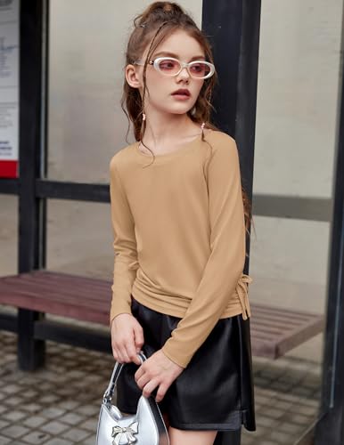 Image of Arshiner Girls Long Sleeve Shirts Ruched Knot Side Tunic Blouse Tee Tops