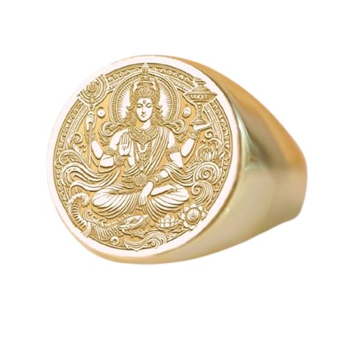 Bague Seigneur Vishnu en argent 925 et chevalière ronde plaquée or taille 5 à 12.5 US