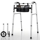 Lightweight Folding Walker for Seniors - 8-Level Height Adjustable Walker with Small Storage Bag, Elderly Walkers with Removable Wheels,Portable Walkers for Senior, 2 Wheels with Bearings, Silver