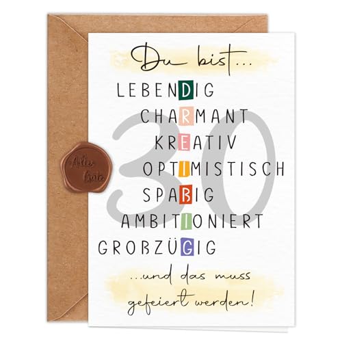 Giftota Geburtstagskarte 30 Jahre Frau Mann (A6 Klappkarte mit Umschlag & Wachssiegel) Schöne Geschenkkarte zum 30. Geburtstag mit besonderen Designs 30. Grußkarten für Freunde Geliebte und Eltern