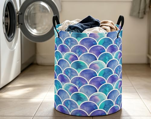 Image of ESSME Kids Laundry Basket,Mermaid Hamper Collapsible Canvas Waterproof Storage Bin for Girls, Cute Hamper,Gift Baskets(Blue)