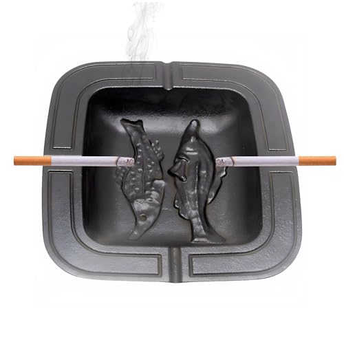 SECHUDO Cast Iron Ashtrays, Cool Cigar Ash Trays for Patio Outdoor Indoor Office Home Desktop Smoking Decor Garden, Fish Pattern Gift for Smokers Men and Women (Classic Fish Pattern)