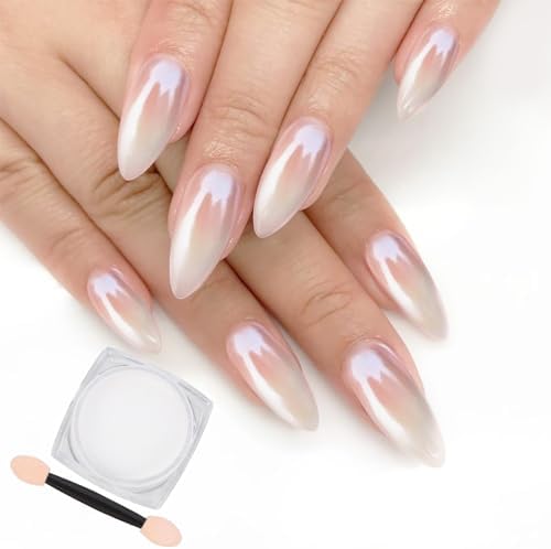 Artdone White Pearl Chrome Nail Powder,Iridescent Aurora Powder M...
