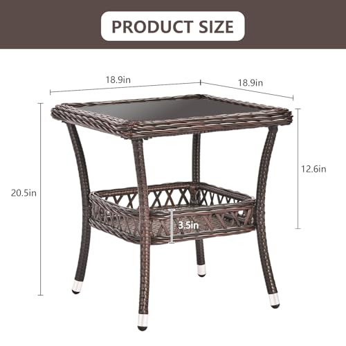 Outdoor Side Table Patio Wicker Coffee Table Outdoor End Table Rattan Bistro Table with Storage & Black Glass Table Top Square for Outside Balcony Porch Backyard Deck Brown