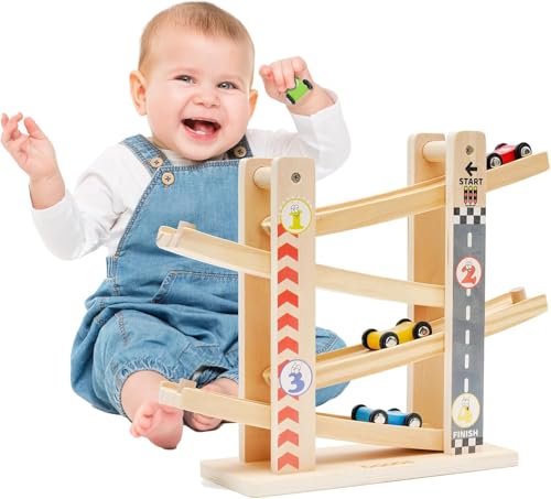 Juguetes de rampa de Coche de Madera con 4 Mini Coches Tobogán de Coche en Zigzag Juguetes para niños pequeños,Circuito de Carreras,Bebés y Niños Pequeños de 1 y 2 3 años