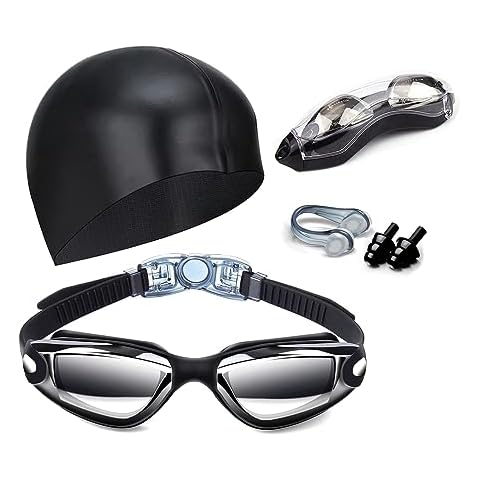 Hurdilen Swim Goggles Swimming Goggles No Leaking with Nose Clip, Earplugs, Swim Cap and Case for Men Women Cover