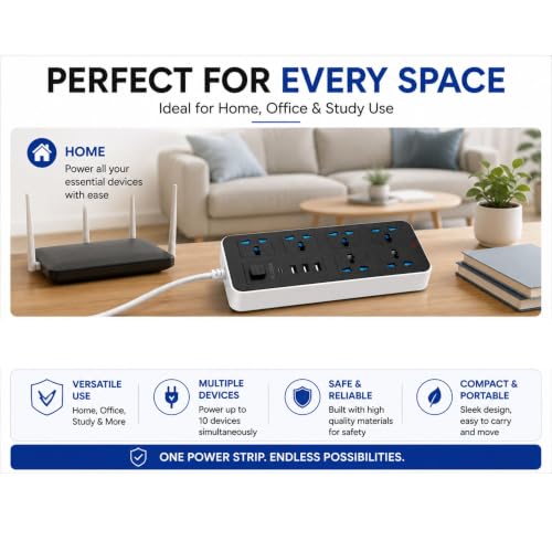 Image of 10 in1 Universal Extension Board with 6 Sockets 3 USB Ports & 1 PD Type-C Fast Charging |1.8M Cable | 2500W Power Strip with Switch | Multi Plug Cord for Home Office TV Computer & Mobile