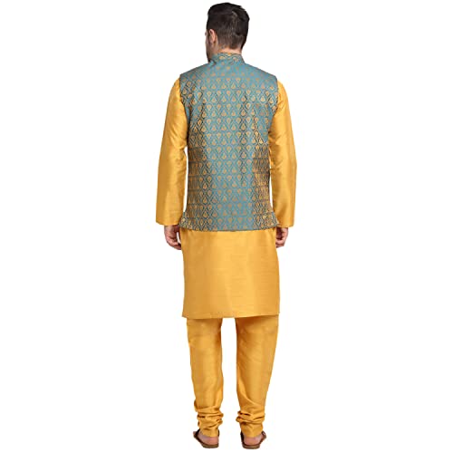 Image of KRAFT INDIA Mens Gold Silk Blend Kurta and Churidar Set With Jacquard Paisley Nehru Jacket