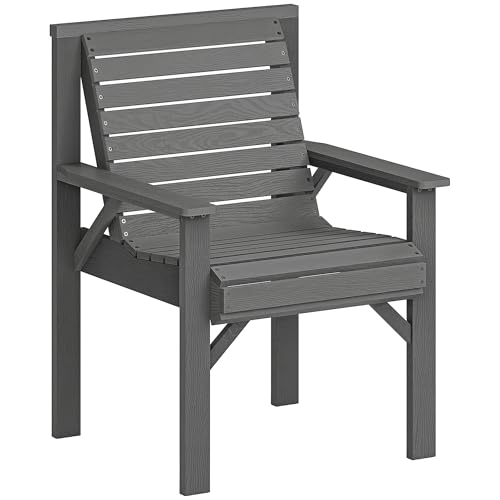 Outsunny Wooden Garden Chair Solid Wood Garden Dining Chair with Curved Seat and Wide Armrests Slatted Garden Armchair for Outdoor Patio Porch Balcony Grey Embossed Finish