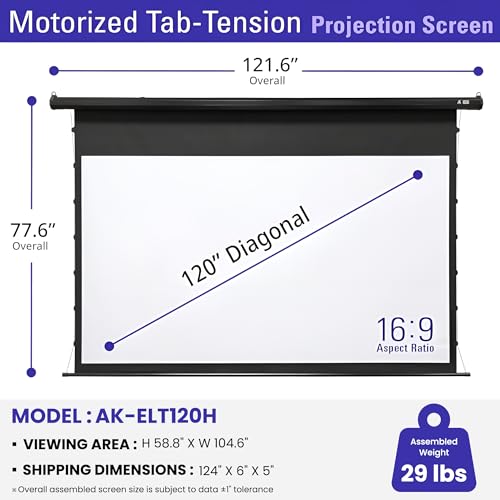 Image of Akia Screens 120 Inch Motorized Tab Tension Projector Screen, 16:9 Retractable Projection Screen, UST, Short & Standard Throw Compatible, 4K Indoor Home Theater Screen, Black Case, AK-ELT120H.