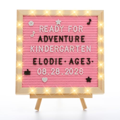 Image of 10 inchx10 inch Felt Letter Board with LED Lights & Stand, First Day of School Sign | Wall /Desk Display, 450-Letter, Message Custom Signs Poster Board, Baby /Pregnancy Announcement /Birthday Decorations, Pink