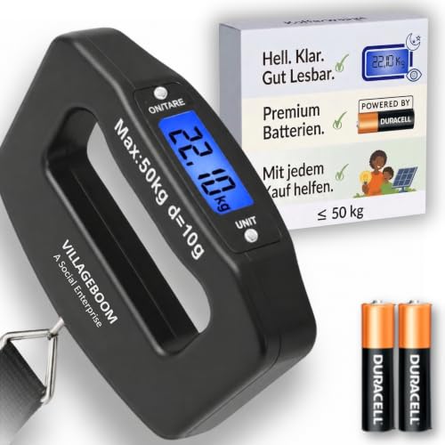Villageboom Digitale Kofferwaage 50 kg Gepäckwaage mit Haken & Gurt beleuchtetes LCD 10g präzise Tara und Auto-Hold inkl. AAA Markenbatterien Unterstützt Solarprojekte in Afrika