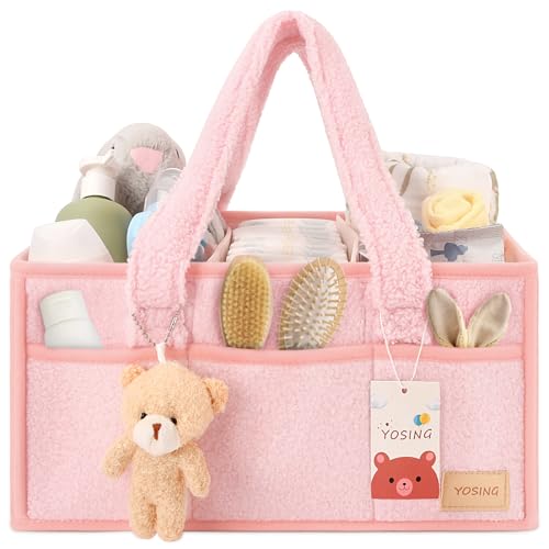 Image of YOSING Diaper Caddy Organizer, Baby Diaper Caddy for Changing Table, Nursery Storage and Car Organizer for Diapers and Baby Wipes, Pink