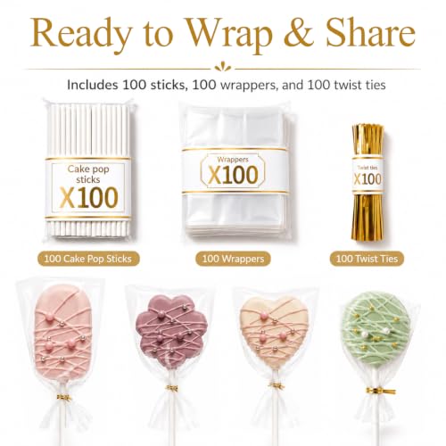 Image of Cake Pop Molds Set, 4 Shapes with Tray, 100 Sticks Wrappers Ties | 4-shape cake pop cutter set with dual-slot tray, plus 100 cake pop sticks, 100 wrappers, and 100 twist ties