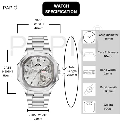 PAPIO® Day and Date Display Analogue Silver Color Stainless Steel Quartz Wrist Watch for Men and Boys (MT_817) - Image 6