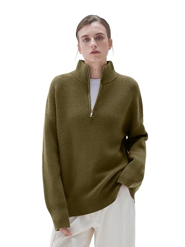 Image of SUUKSESS Women Cashmere Blend Oversized Quarter Zip Pullover Sweater Long Sleeve Collared Ribbed Knit Jumper Tops