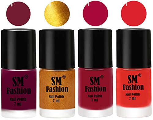 Image of Nail Polish Combo Set (Pack of 4) Quick Dry Gel Finish Nail Paint | Mulberry,Golden,Raspberry,Candy Orange | 7 ml Each