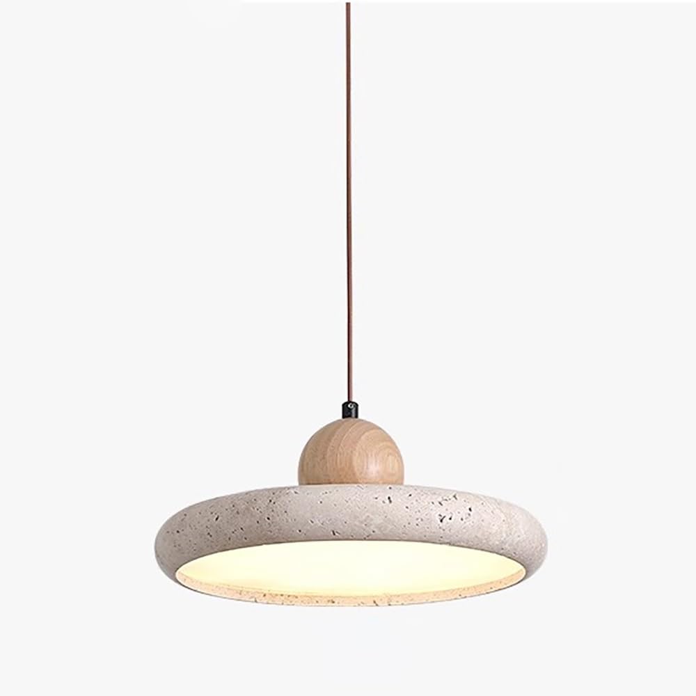 Moderne Pendelleuchte aus Rundstein, Hängelampe Flach in Gelbem Travertin für Küche oder Schlafzimmer Kronleuchter LED Dimmbar(Stepless,30cm/11.81in)