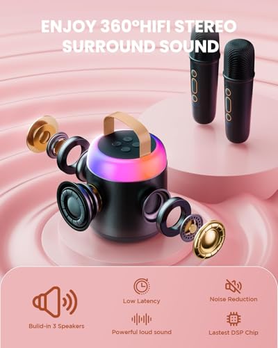 Image of VELOMAX Karaoke Mic with Speaker for Kids, 360 Surround Sound with Ambiance Light, Wireless Mic with 5 Sound Effects, Mike for Singing with Mini Speaker, Birthday Gifts Toys (2 Microphones)