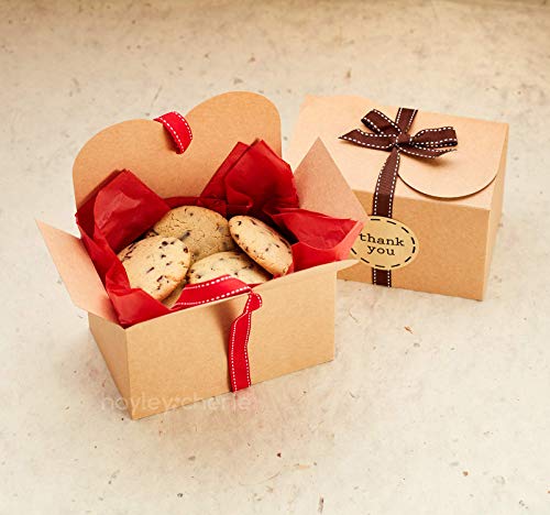 Hayley Cherie - Brown Kraft Gift Treat Boxes with Ribbons & Thank You Stickers (20 Pack) - 6.5 x 4 x 4 inches - Thick 400gsm Cardboard - For Goodies, Candy, Parties, Christmas, Birthdays, Weddings (Kraft)