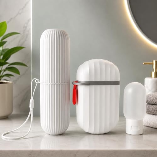 Image of iSTAR 3-in-1 Travel Toiletry Kit with Toothbrush Holder, Travel Soap Case & Refillable Silicone Travel Bottle - Portable Travel Bathroom Accessories Set, Leakproof, Lightweight (White)
