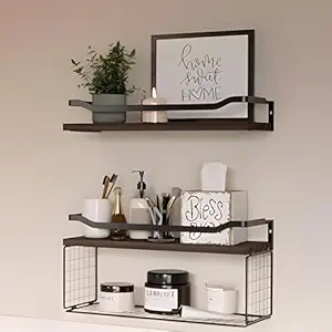 Homestic Floating Shelves (2pcs) with One Wire Storage Basket | Wooden Floating Wall Shelf| Wall Mount| Wall Rack| Wall Bracket for Home and Office Decor | Big Mounted Cabinets | BW0388