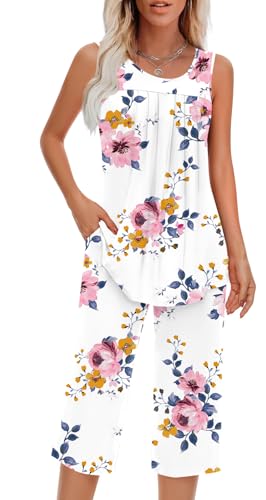 Image of Findsweet Women Pajamas Sets Loungewear Soft Sleepwear Two Piece Summer Sleeveless Pjs Tank Top Pants with Pocket S-4XL