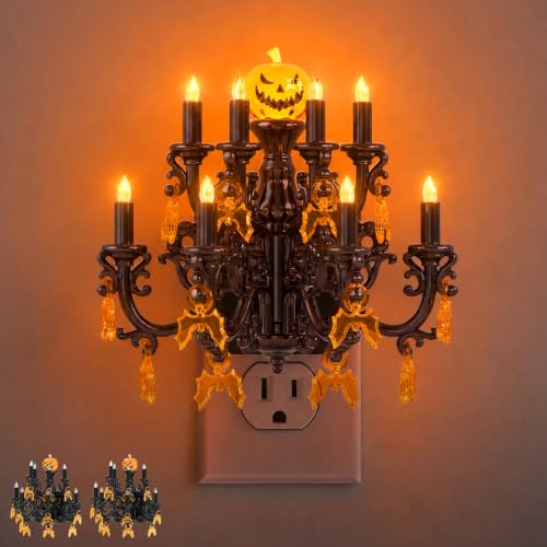 Image of Briignite Halloween Night Light, Chandelier Night Lights Plug into Wall | Amber Flicker Flame Nightlight with Auto Light Sensor, Dimmable, 180 Rotatable, Halloween Decor for Bedroom Hallway, 2 Pack