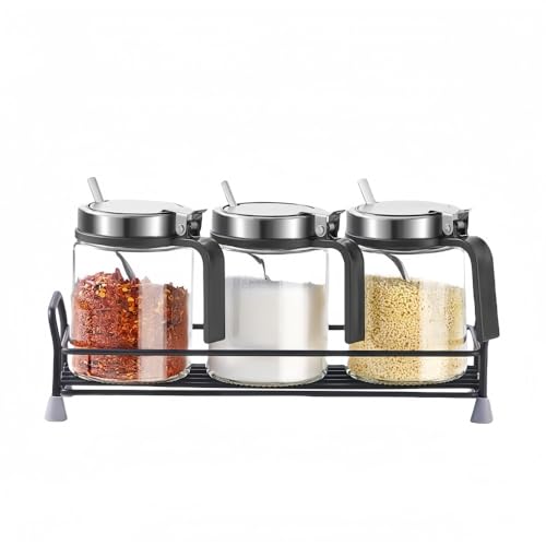 調味料容器 密閉保存容器 防水防湿 スプーン付き 片手で簡単開閉 砂糖・塩・香辛料・七味・片栗粉・小麦粉用 和風デザイン お手入れ簡単 キッチン収納 (3個入りで,透明色)