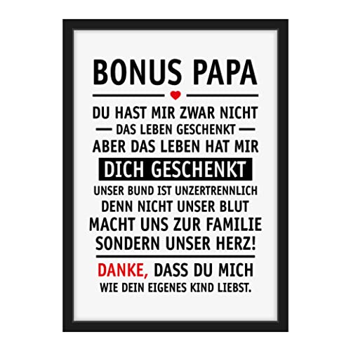 Bonus Papa Geschenk Stiefpapa Stiefvater Geschenkidee Vatertag Geburtstagsgeschenk Bonuspapa Geburtstag Danke sagen Spruch Poster Bild mit Holz Rahmen A4, Schwarz