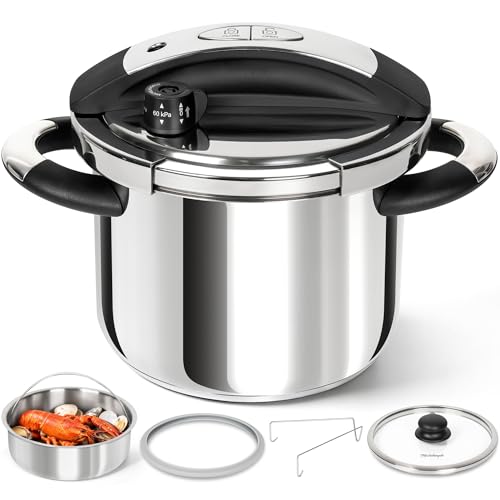 Image of MICHELANGELO Stainless Steel Pressure Cooker 6.3 Quart, 3-in-1 Olla de Presion, One-Hand Locking System, Induction Compatible, with Glass Lid & Steamer
