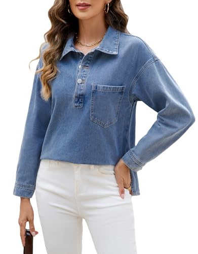 Denim Tops for Women Long Sleeve Denim Shirt Blouses Button Up Pullover Jean Shirt with Pocket2