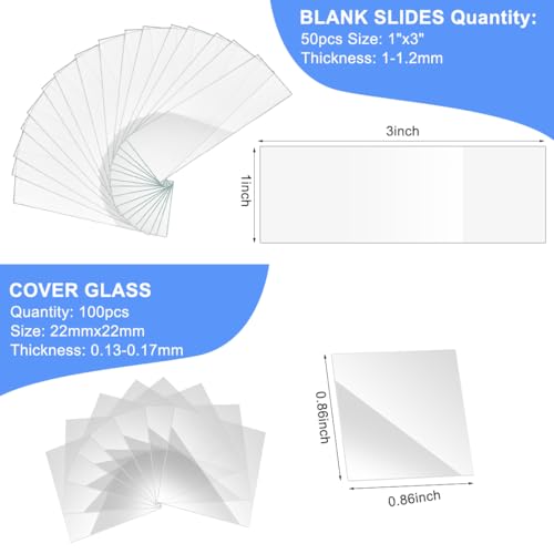 Microscope Slides and Covers Kit 50 Pcs Pre-Cleaned Blank Glass Slides for Microscopes 100 Pcs Square Coverslips Cover Glass for Experiments & Analyses
