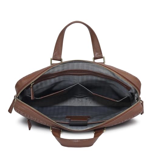 Image of Da Milano Genuine Leather Laptop Bag for Men & Women | Brown Office Briefcase Fits 14 inch Laptop | Business Work Bag with Card Slots, Zip Pockets & Detachable Shoulder Strap
