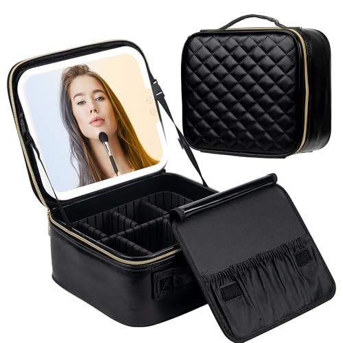 SJD Travel Makeup Bag with LED Mirror, Portable Cosmetic Case Organizer with Lighted Mirror, Waterproof Makeup Case for Cosmetic Brush Holder Storage, Black Toiletry Bag for Women Gift
