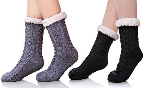 SDBING 2 Pack Women's Winter Super Soft Warm Cozy Fuzzy Fleece-lined Christmas Gift With Grippers Slipper Socks