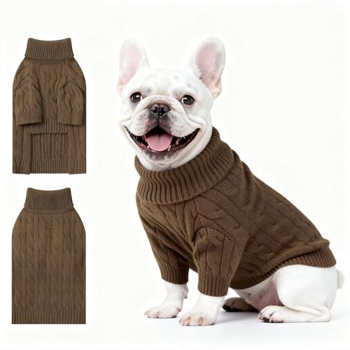 Image of Small Dog Thermal Pullover Sweater, Classic Turtleneck Cable Knitwear Dog Clothes for Cold Weather Warm Pet Clothes for Chihuahua, Bulldog, Dachshund, Pug Tan Large