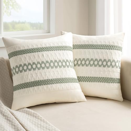 MIULEE Set of 2 Sage Green Boho Decorative Pillow Covers 18x18 In...