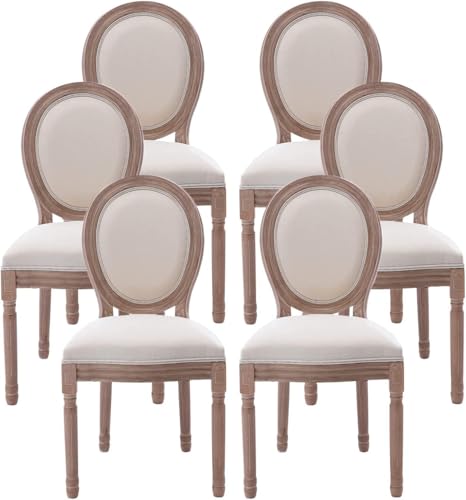 Juego de 4 sillas de comedor de estilo rústico beige con respaldo redondo, elegantes sillas ovaladas para sala de estar, cocina, restaurante, patas de madera de caucho duraderas, asientos cómodos