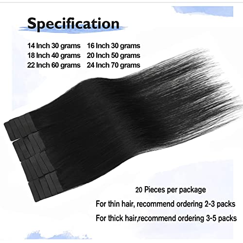 Tape In Hair Extensions Jet Black 100% Remy Human Hair Extensions Silky Straight For Fashion Women 20 Pcs/Package(18Inch #1 40G) #TOP3